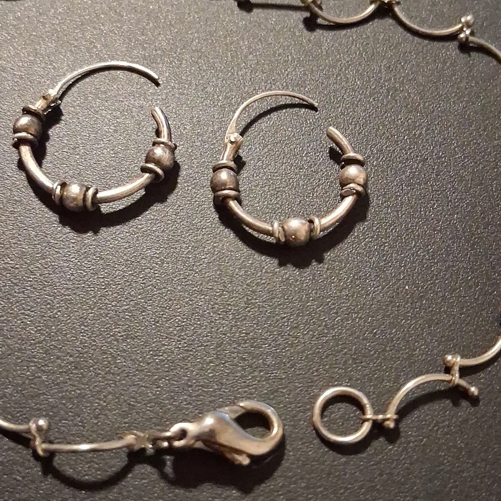 Sterling Silver Ball Bearing Earrings & Bracelet Jewelry Set. - Picture 2 of 8